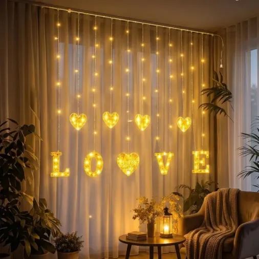 Dekoratif 3 Metre Perde Led Işık - 8 Modlu Kalp Ve Love Figürleri