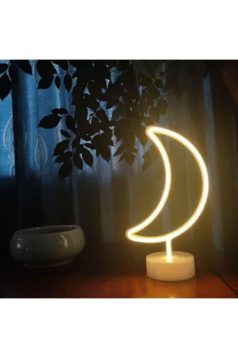 ® Dekoratif Pilli Ay Tasarımlı 3D Neon Led Masa Ve Gece Lambası