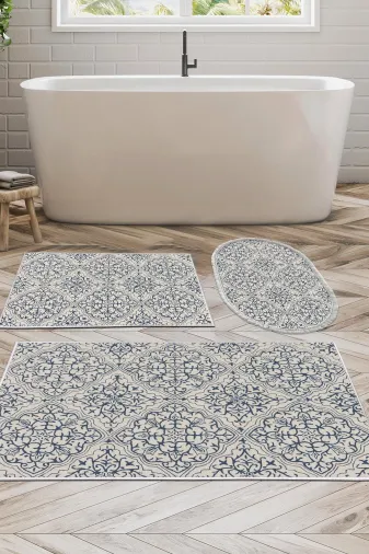 Dekoreko 1906MK3-10P3O Kaymaz Taban Djt 3 Lü Banyo Paspas Takımı Trend Karışık Oval Modern 1906M Krem