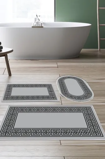 Dekoreko 608MK3-10P3O Kaymaz Taban Djt 3 Lü Banyo Paspas Takımı Trend Karışık Oval Modern 608M Gri