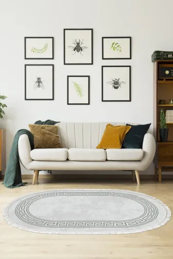 Dekoreko 626MP1-1 Kaymaz Taban Djt Salon Halısı Star Pamuk Saçaklı Oval Modern 626M Gri