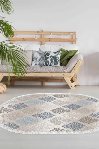Dekoreko 674MK1-1 Kaymaz Taban Djt Salon Halısı Trend Saçaklı Oval Modern 674M Bej