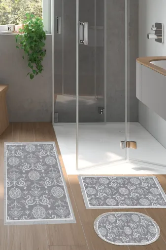 Dekoreko D-1861MK3-10P3O Dijital 3 Lü Banyo Paspas Takımı Trend Keçe Kaymaz Taban Karışık Oval Modern Queta Gri