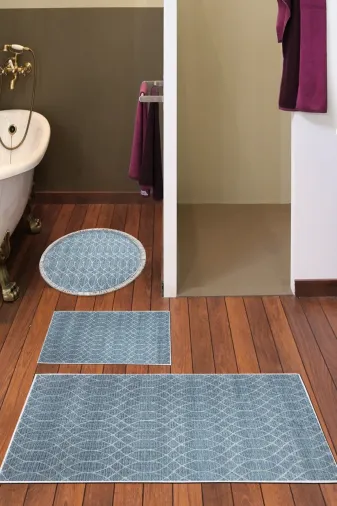 Dekoreko F5084P3-10P3Y Kaymaz Taban Djt 3 Lü Banyo Paspas Takımı Star Pamuk Karışık Yuvarlak Iskandinav F5084 Lacivert