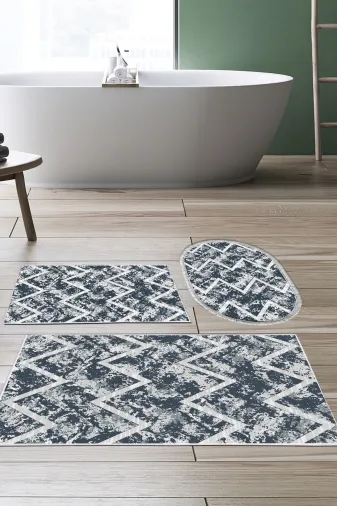 Dekoreko F5128P3-10P3O Kaymaz Taban Djt 3 Lü Banyo Paspas Takımı Star Pamuk Karışık Oval Iskandinav F5128 Mavi