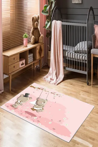 Dekoreko inci?-519 Sallanan Ayılı Dijital Baskı Kaymaz Taban Leke Tutmaz Bebek Ve Çocuk Odası Halısı 519