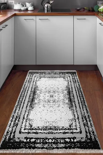 Dekoreko M5132K1-8 Kaymaz Taban Djt Mutfak Halısı Trend Saçaklı Modern M5132 Siyah