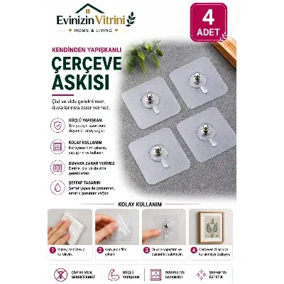 Delmeden Asılabilen Yapışkanlı Şeffaf Duvar Askısı – Elbise, Çerçeve, Saat Için 4’lü Kanca