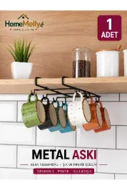 Delmeden Montaj 6 Kancalı Dolap Altı Bardak ve Kupa Askılığı – Siyah Metal Mutfak Rafı Organizeri