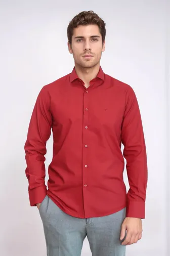 Desensiz Slim Fit Bordo Kırmızı Erkek Gömlek - Wessi - M / Kırmızı