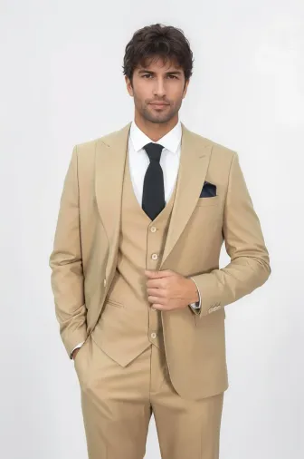 Desensiz Slim Fit Kum Rengi Erkek Takım Elbise - Wessi