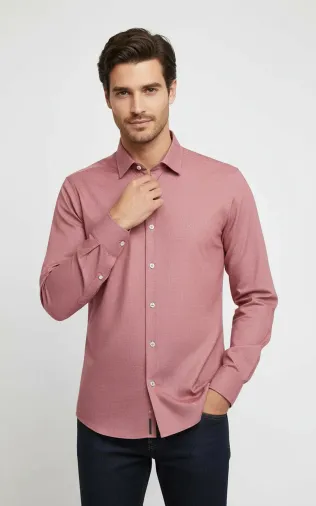 Desensiz Slim Fit Uzun Kollu Somon Rengi Erkek Gömlek - Wessi - M / Kırmızı