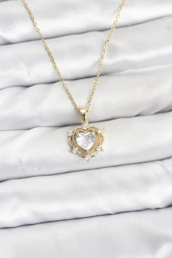 DGY STORE EmrBXebBKO10883 316L Çelik Zincir Gold Renk Kalp Model Zirkon Taşlı Kadın Kolye