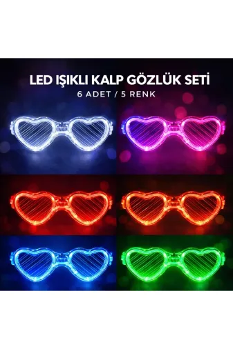 DGY STORE EmrDNM97843 Led Işıklı Kalp Glow Pilli Parti Gözlüğü – 6 Adet / 5 Renk Set