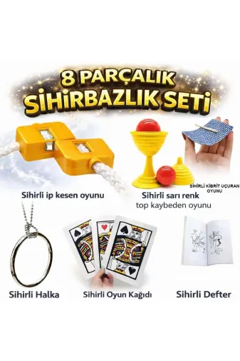 DGY STORE EmrK75T98518 8’Li Sihirbazlık Seti (Kibrit, Defter, Halka, Kupa, İp, 3’Lü Kart)