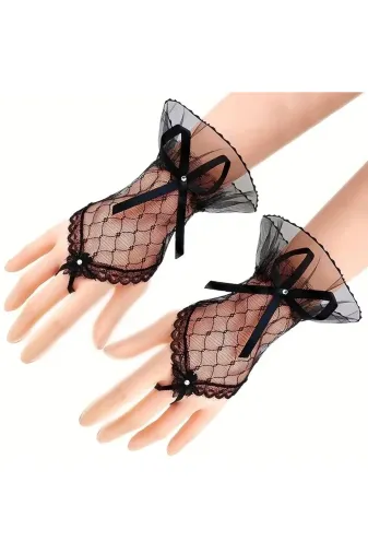 DGY STORE mepaSM-SM-SMRG111 Siyah Dantel Fiyonklu Parmak Halkalı Kadın Eldiveni