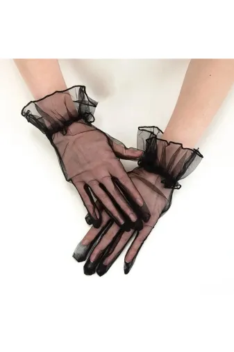 DGY STORE tkl71968 Likralı Güpürlü Yetişkin Tül Eldiven Siyah