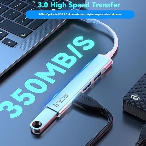 Diğer 109684272 Inca Iusb-04Txt Usb-C Hub, 4 Bağlantı Noktalı, 1X Usb 3.0 + 3X Usb 2.0, İnce Alüminyum Kasa
