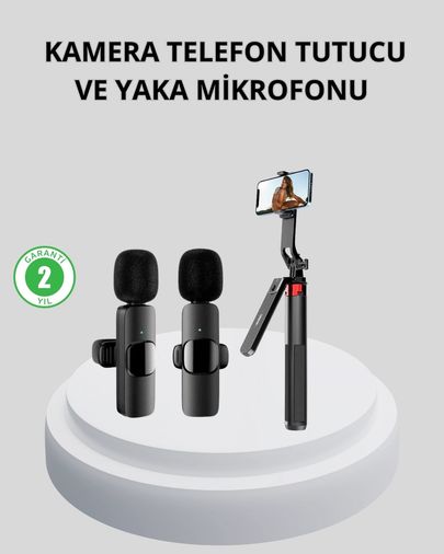 Diğer 125029381 Mey İthalat Kablosuz Çift Yaka Mikrofonu Ve Tripodlu Selfie Çubuğu İçerik Üretici Seti