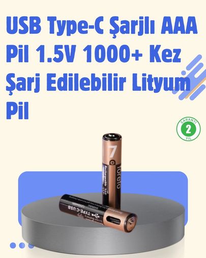 Diğer 125415969 Mey İthalat Usb Type-C Şarjlı Aaa Lityum Pil 1.5V Sabit Voltaj, 1000+ Şarj Döngüsü İle Uzun Ömür