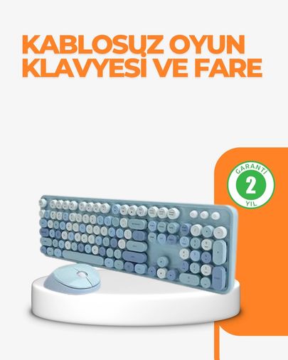 Diğer 125863347 Mey İthalat Kablosuz Retro Klavye Ve Mouse Seti 104 Tuşlu Sevimli Tasarım