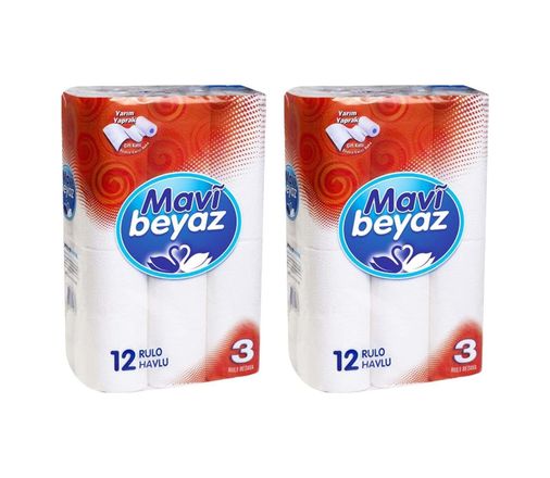 Diğer 126592097 Mavi Beyaz Kağıt Havlu, 12'li Rulo, 2 Paket, Toplam 24 Rulo
