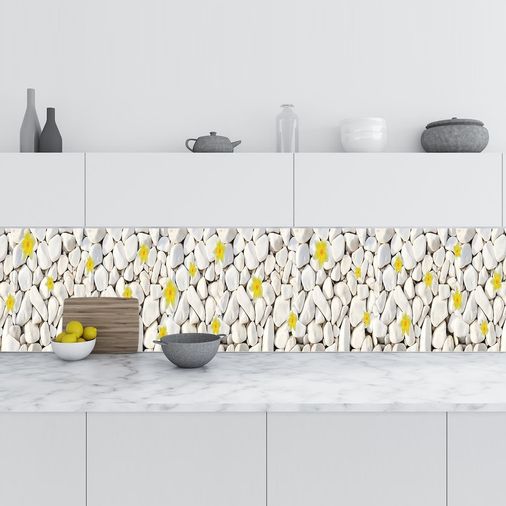 Diğer 126592312 Mutfak Tezgah Arası Folyo Kaplama Folyosu Beyaz Taşlar Sarı Çiçek 60X100 Cm