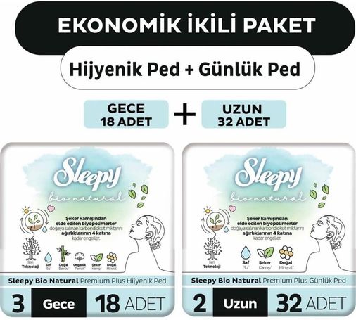 Diğer 126593478 Ekonomik Paket Bio Natural Hijyenik Ped Gece 18'li + Günlük Ped Uzun 32'li