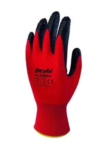 Diğer 126596396 Beybi Pn Zebra Polyester Örme Nitril Eldiven No 10, Çift, Kırmızı