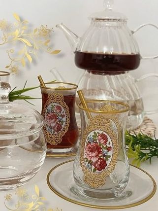 Diğer 126623916 Altın Çerçeve Gül Desenli Cam Bardak Ve Tabak 6 Kişilik Çay Seti