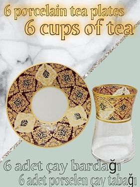 Diğer 126624176 Heybeli Altın Bordo Desenli Cam Porselen Çay Seti 6 Kişilik Tea Set For 6 Persons Premium Porcelain