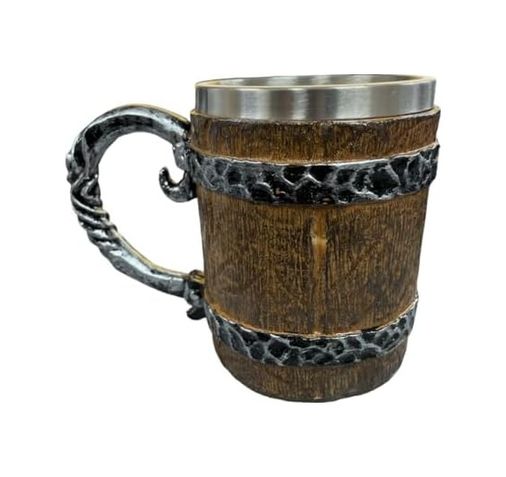 Diğer 126625908 Paslanmaz Çelik Fıçı Tasarımlı Kupa Bardak, 11 Cm Yükseklik, Ahşap Görünümlü, Metal Kulplu