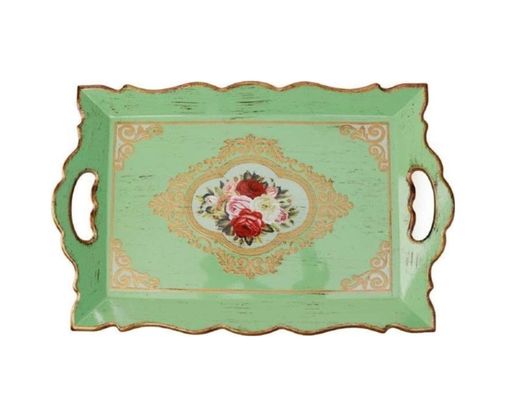 Diğer 126626226 Su Yeşili Renkli Elcikli Çatlatma Ahşap Tepsi, 42.5 X 28 Cm