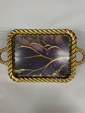 Diğer 126627005 Lüks Dekoratif Plastik Tepsi Altın Çerçeve 38X28 Ağaç Dalları Desenli