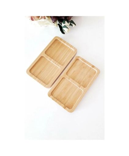 Diğer 126627014 2 Bölmeli Doğal Bambu İkram Tepsisi - Kahve Ve Atıştırmalık Sunum Tabağı - Kurabiye Ve Çay Servisliği 23X12 Cm