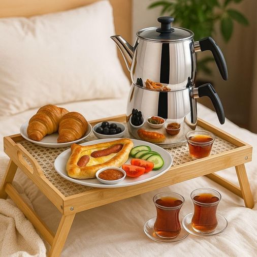 Diğer 126627745 Premium Bambu Serisi 50X30 Cm Camlı Ayaklı Dekoratif Tepsi