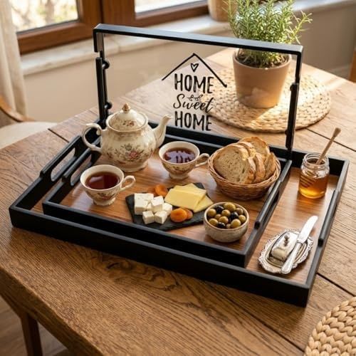 Diğer 126628056 Dekoratif Servis Tepsisi Seti, Ahşap Desenli, Siyah Çerçeveli, 2'li Set, 35X25 Cm Ve 31X21 Cm, Mutfak Ve Cafe Temalı