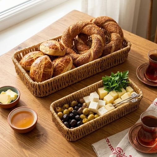 Diğer 126628070 Hasır Örgü Dikdörtgen Sepet Tepsisi, 2'li Set, Doğal Renk, Ekmek Ve Organizer Kullanımı, 28X10 Cm Ve 24X9 Cm