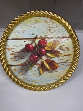 Diğer 126628209 Lüks Dekoratif Plastik Tepsi Altın Çerçeve 46X46 Eskitme Ahşap Üzeri Kiraz Desenli