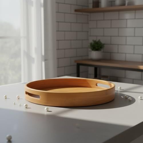 Diğer 126628767 Taşıma Kulplu Yuvarlak Bambu Tepsi 30 Cm Doğal Ahşap Servis Tepsisi Kahve, Kahvaltı Ve Dekoratif Masaüstü Organizeri