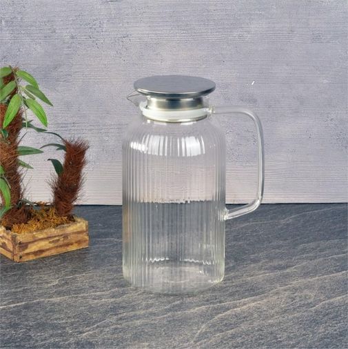 Diğer 126629701 Silikon Fitilli Borosilikat Cam Sürahi 2000 Ml - Metal Kapaklı, Dayanıklı, Süzgeçli Şeffaf Buzlu Çay Ve Limonata Karafı