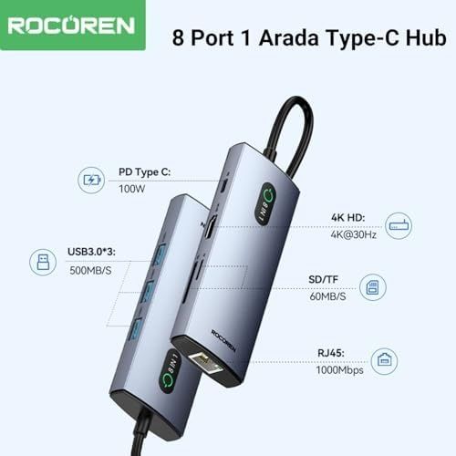 Diğer 126632955 8 Portlu 4K 30Hz Gigabit Ethernet Sd Tf Kart Okuyuculu 3 Usb3.0 Pd 100W Destekli Hub Çoklayıcı