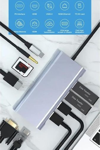 Diğer 126634956 Pro Air İle Uyumlu Type-C Çevirici Dönüştürücü Çoklayıcı Pd Şarj Hdmı Sd Network Vga Girişli 11 İn 1