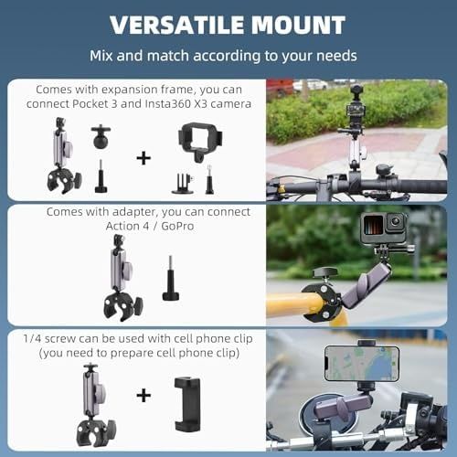 Diğer 126658433 Kamera Bisiklet Ve Motosiklet Gidon Montaj, Alüminyum Alaşımlı Kelepçe, 360 , İle Uyumlu X5 X4 X3 Ace Pro Go 3S, Djı Osmo 2 Mobile 7P Action 5 Pro 4 3 İle Uyumlu, Mm1, Gri