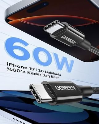 Diğer 126661370 Usb-C 60W 3A Qc Pd Örgülü Hızlı Şarj Kablosu, 2 Metre, Beyaz, 35254