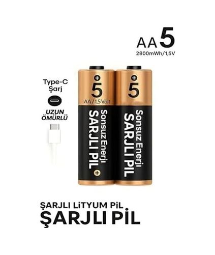 Diğer 126661867 Şarjlı Kalın Kalem Pil Aa Şarj Edilebilir Pil 1.5V 2800Mwh Lityum-Ion Kalın Pil Aa 5 Type-C Şarjlı Aa, Her Paket, 2
