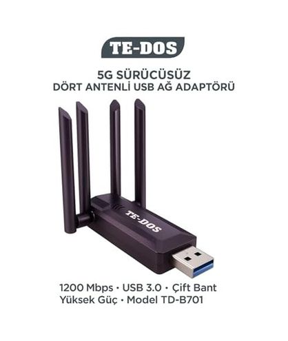 Diğer 126667232 Usb 3.0 Çift Bant Wifi Adaptörü 1200 Mbps 4 Antenli Yüksek Çekim Gücü 2.4Ghz 5Ghz Driver Gerektirmez Masaüstü Ve Dizüstü Bilgisayar İçin Kablosuz Ağ Kartı Te-Dos Td-B701