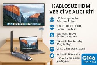 Diğer 126667717 Kablosuz Hdmı Verici Ve Alıcı Kiti - Uydudan Projeksiyona 150 Metre Menzil 1080P 60Hz Notebook'dan Tv'ye Görüntü Aktarımı Hd-Tx-Rx Tak-Çalıştır Çoklu Cihaz Desteği - G146 Hdmı