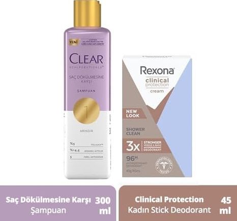 Diğer 128842633 Rexona Clinical Protection Kadın Stick Deodorant Shower Clean 45 Ml + Clear Scalpceuticals Saç Bakım Şampuanı Saç Dökülmesine Karşı 300 Ml