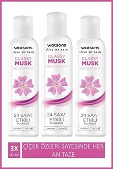 Diğer 128847869 Watsons Classy Musk 24 Saat Etkili Pudrasız Deodorant Sprey 150 Ml X3 Adet